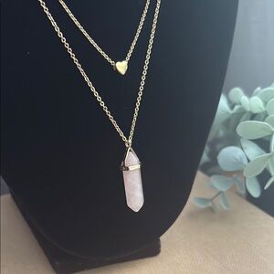 Avon Rose Quartz Crystal Point Layered Necklace Heart Charm Gold Tone NIB N40
